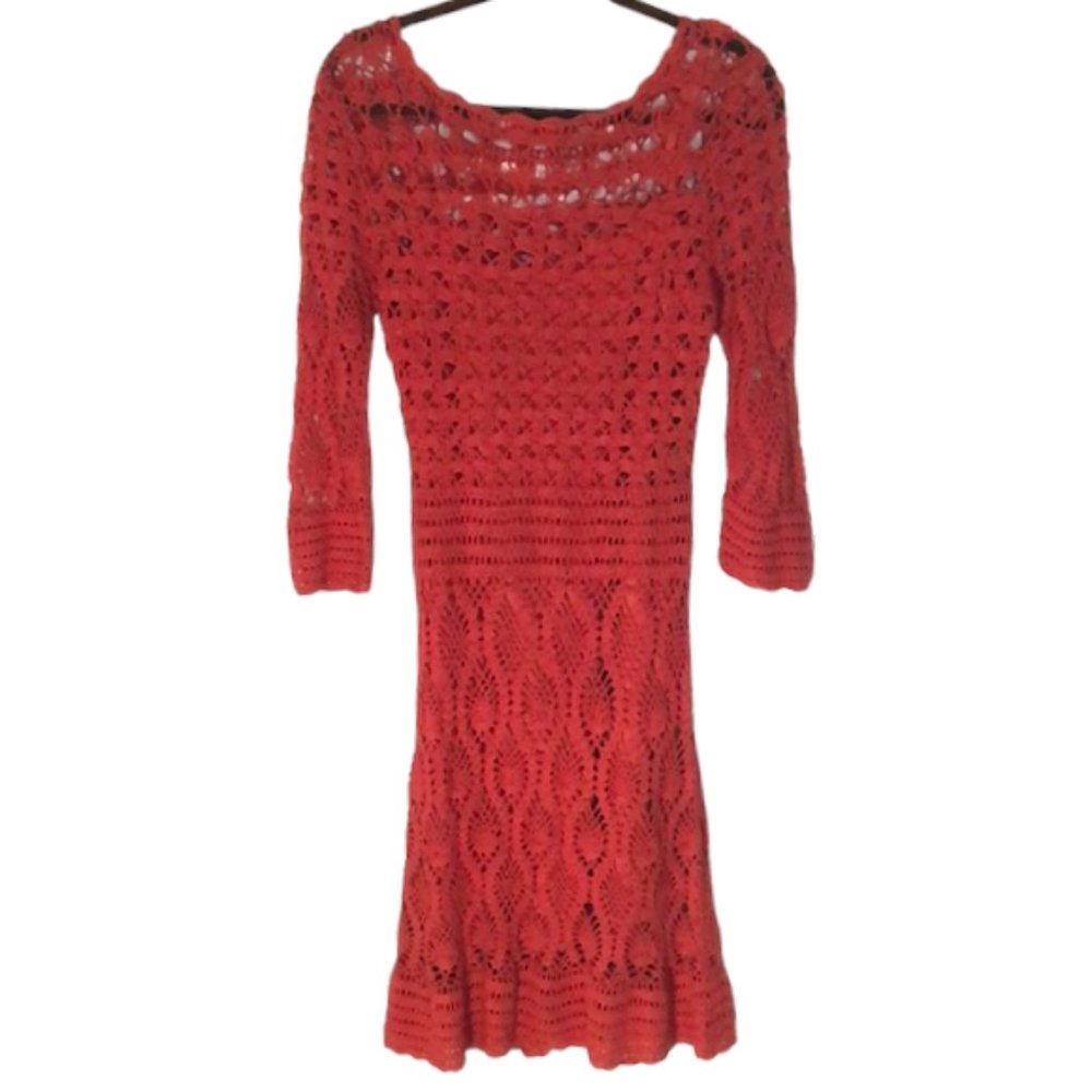 Red Quarter Sleeve A-Line Crochet Dress - Size 6